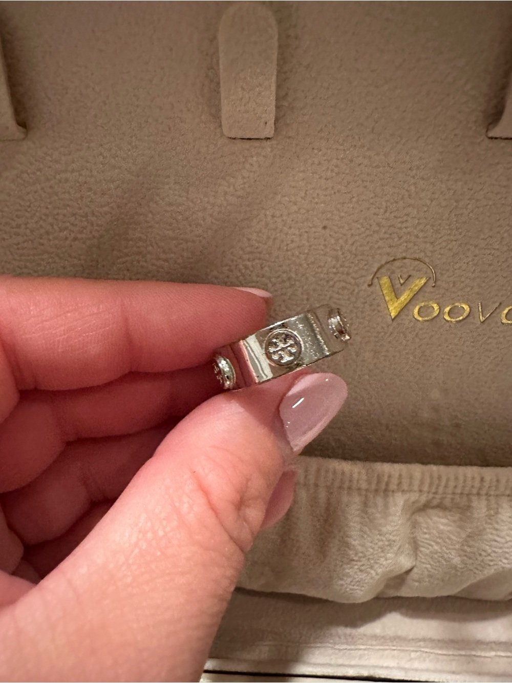 Tory Burch Silver Logo Band Ring with Clear Stones